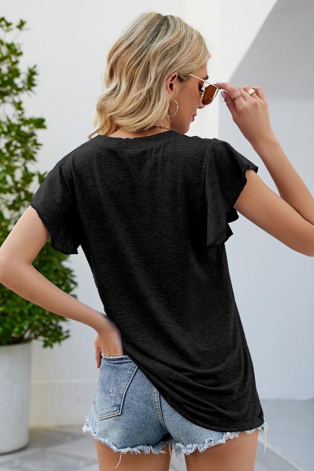 Flutter Sleeve Notched Neck Top  Shirts & Tops- Doll Fits