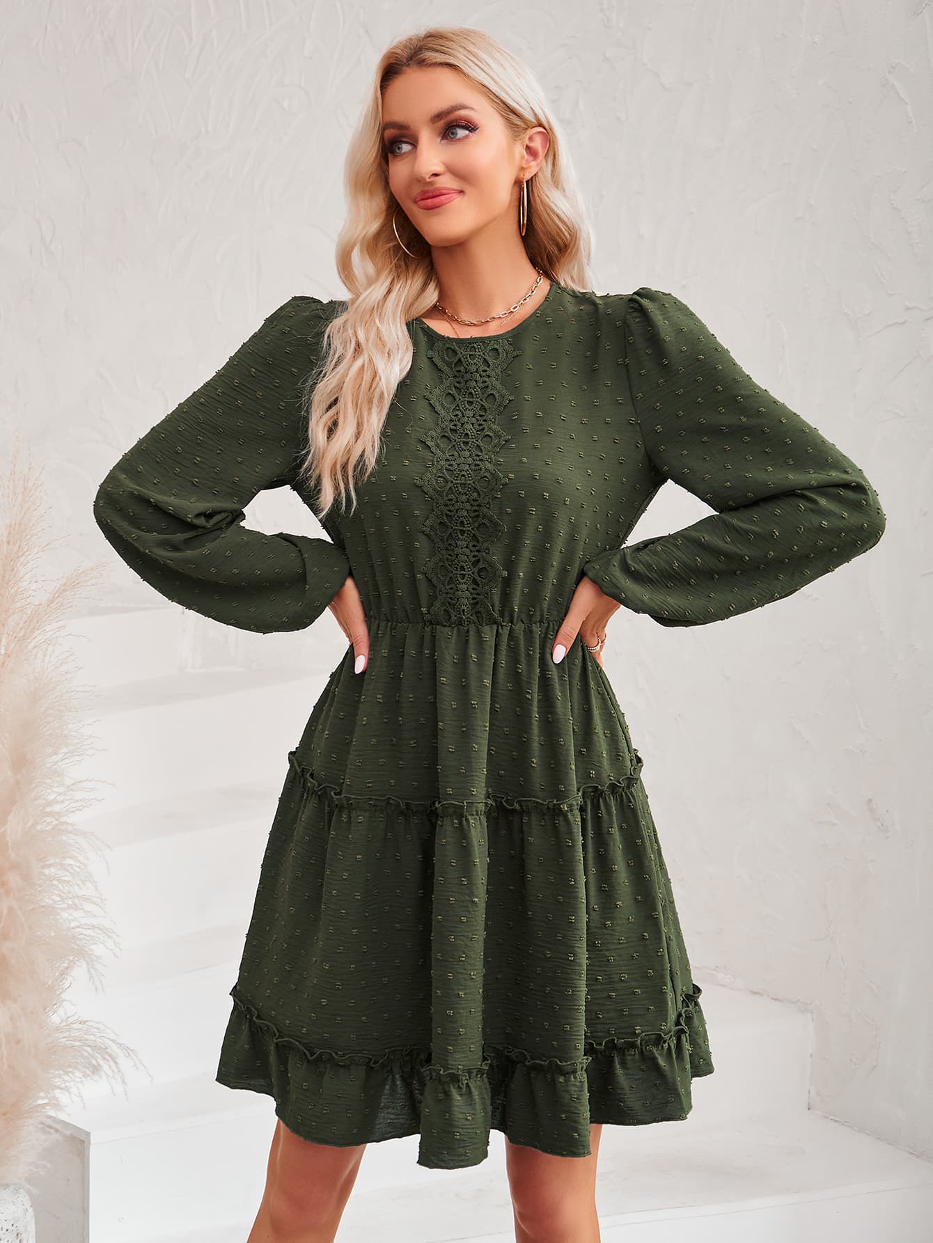 Swiss Dot Lace Trim Balloon Sleeve Dress  Dresses- Doll Fits