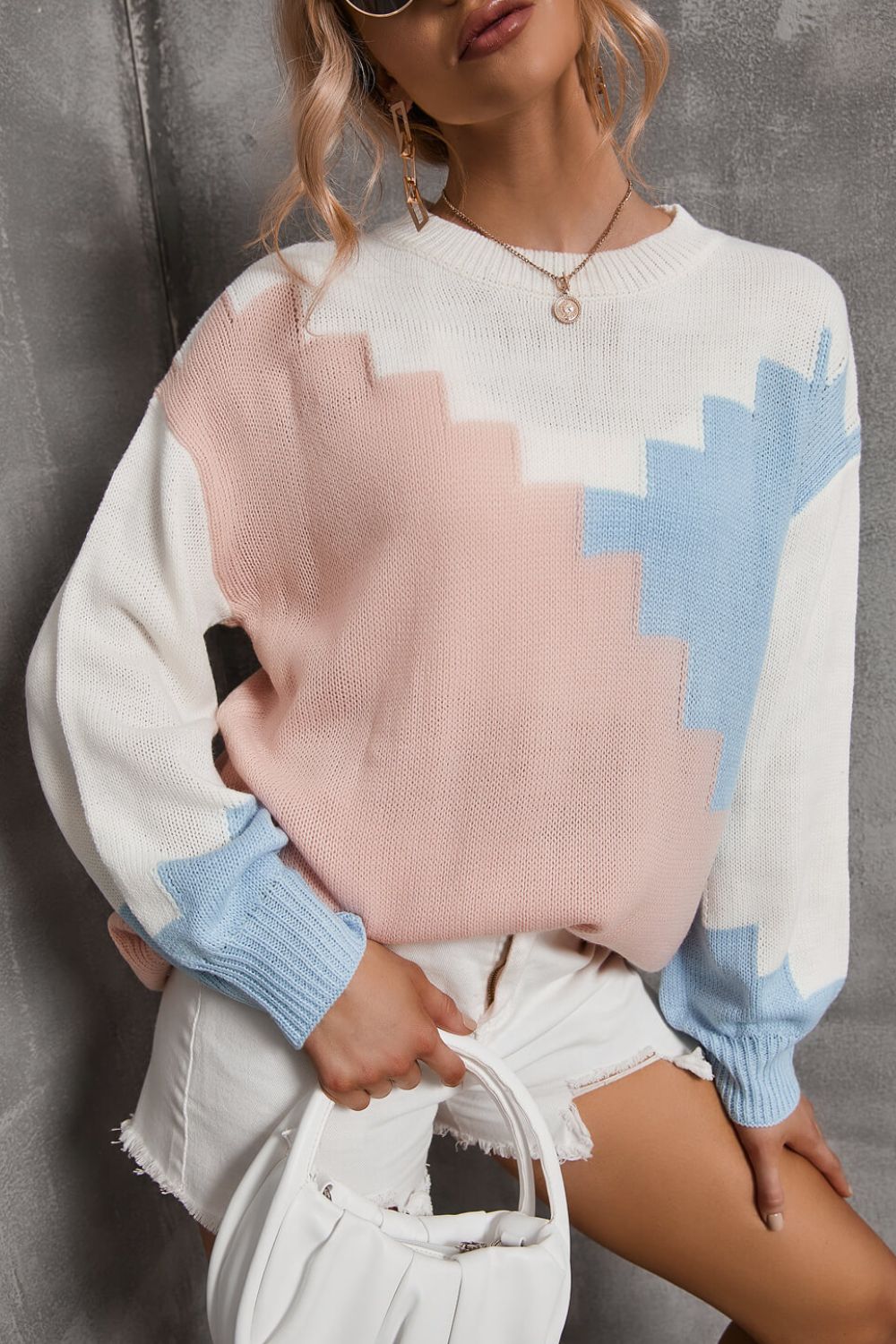 Color Block Dropped Shoulder Knit Pullover  Shirts & Tops- Doll Fits