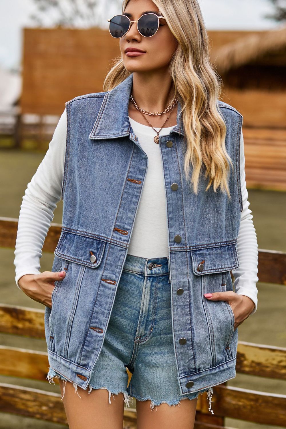 Sleeveless Collared Neck Denim Top with Pockets  Shirts & Tops- Doll Fits