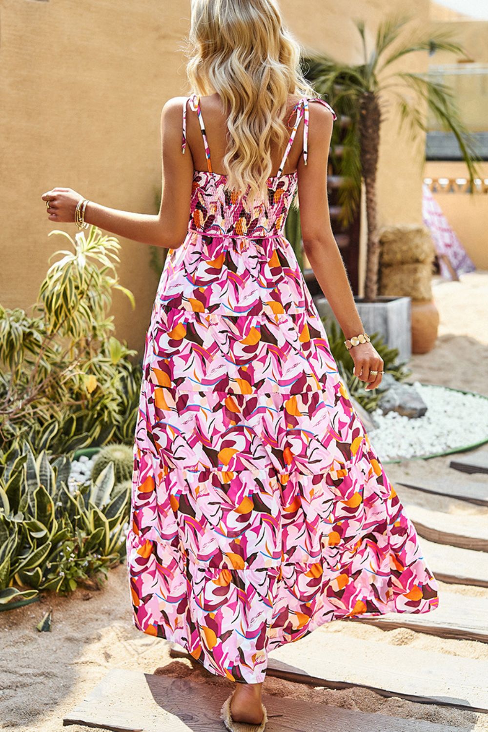 Printed Tie-Shoulder Smocked Maxi Dress  Dresses- Doll Fits