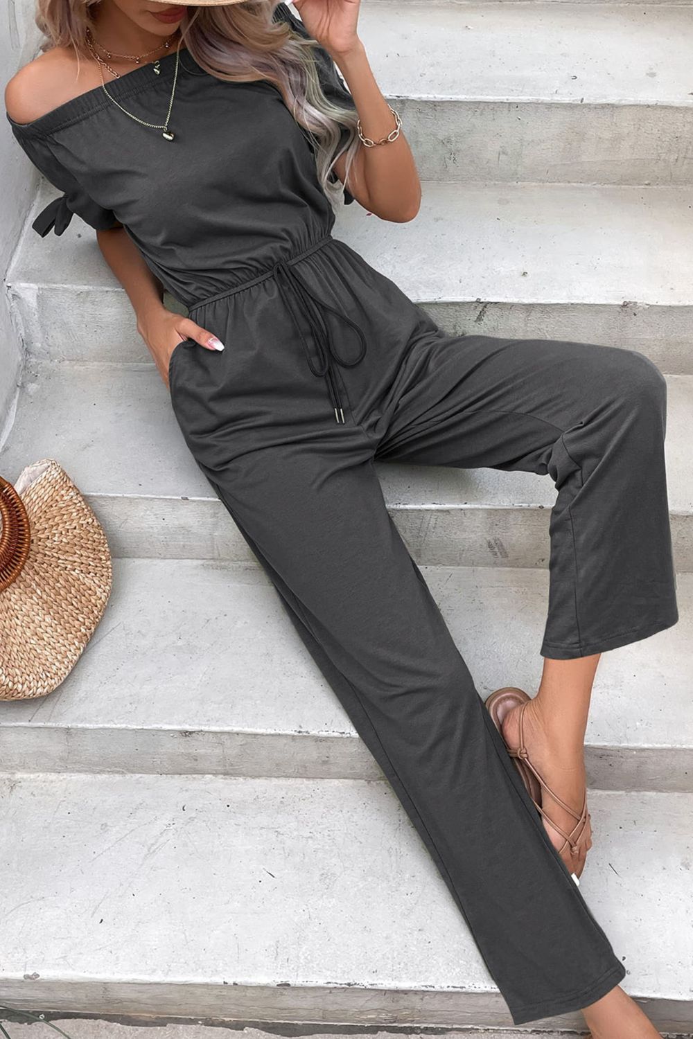 Off-Shoulder Tie Cuff Jumpsuit with Pockets  Jumpsuits & Rompers- Doll Fits