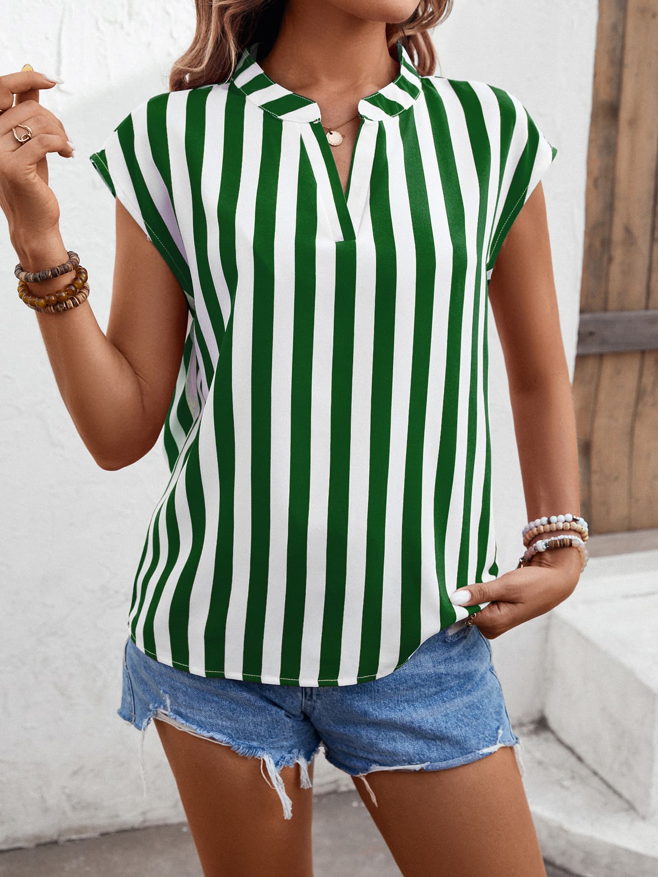 Striped Notched Neck Cap Sleeve Blouse  Shirts & Tops- Doll Fits