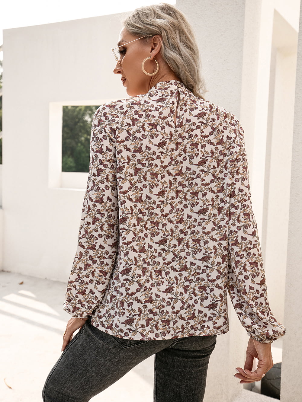 Floral Print Long Sleeve Mock Neck Blouse  Shirts & Tops- Doll Fits