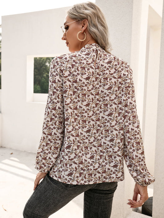 Floral Print Long Sleeve Mock Neck Blouse  Shirts & Tops- Doll Fits