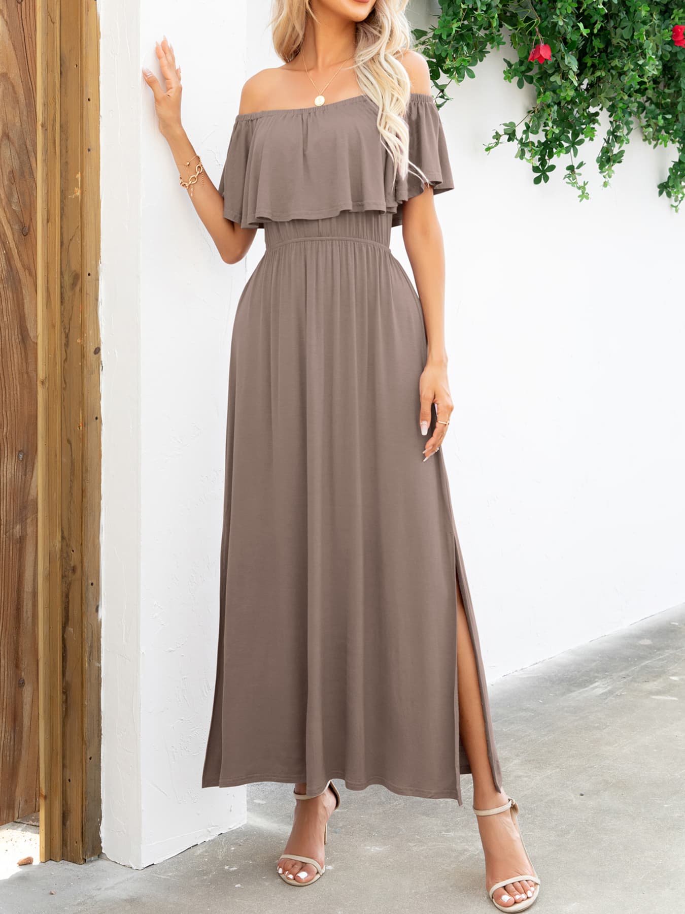 Off-Shoulder Slit Maxi Dress  Dresses- Doll Fits