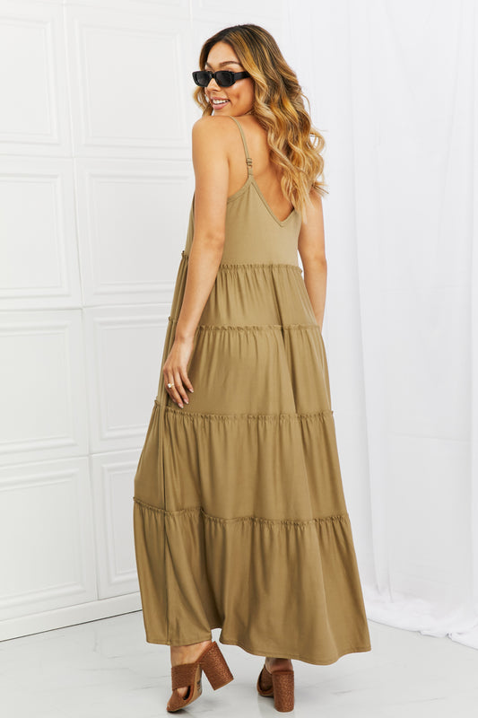 Zenana Full Size Spaghetti Strap Tiered Dress with Pockets in Khaki  Dresses- Doll Fits