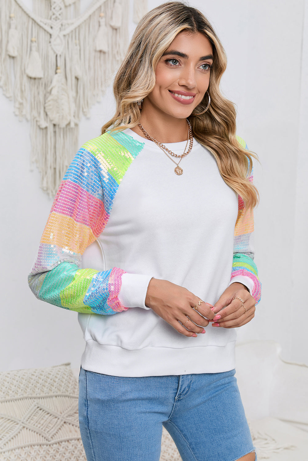 Round Neck Color Block Glitter Sleeve Sweatshirt  - Doll Fits