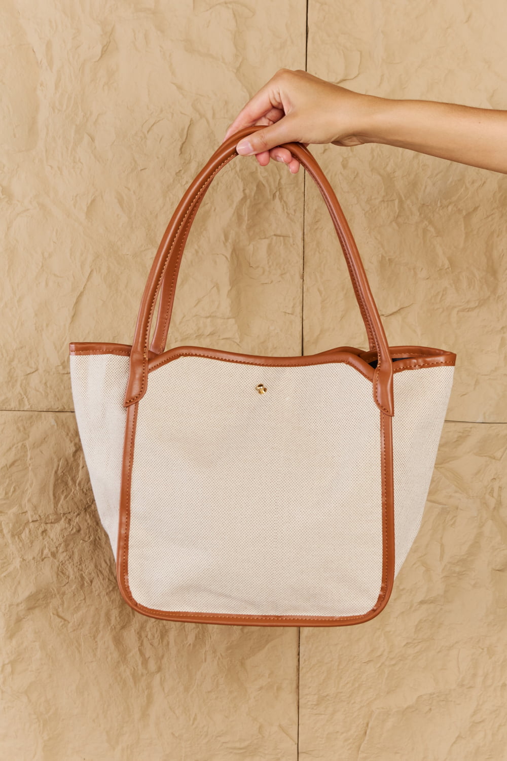 Fame Beach Chic Faux Leather Trim Tote Bag in Ochre  - Doll Fits