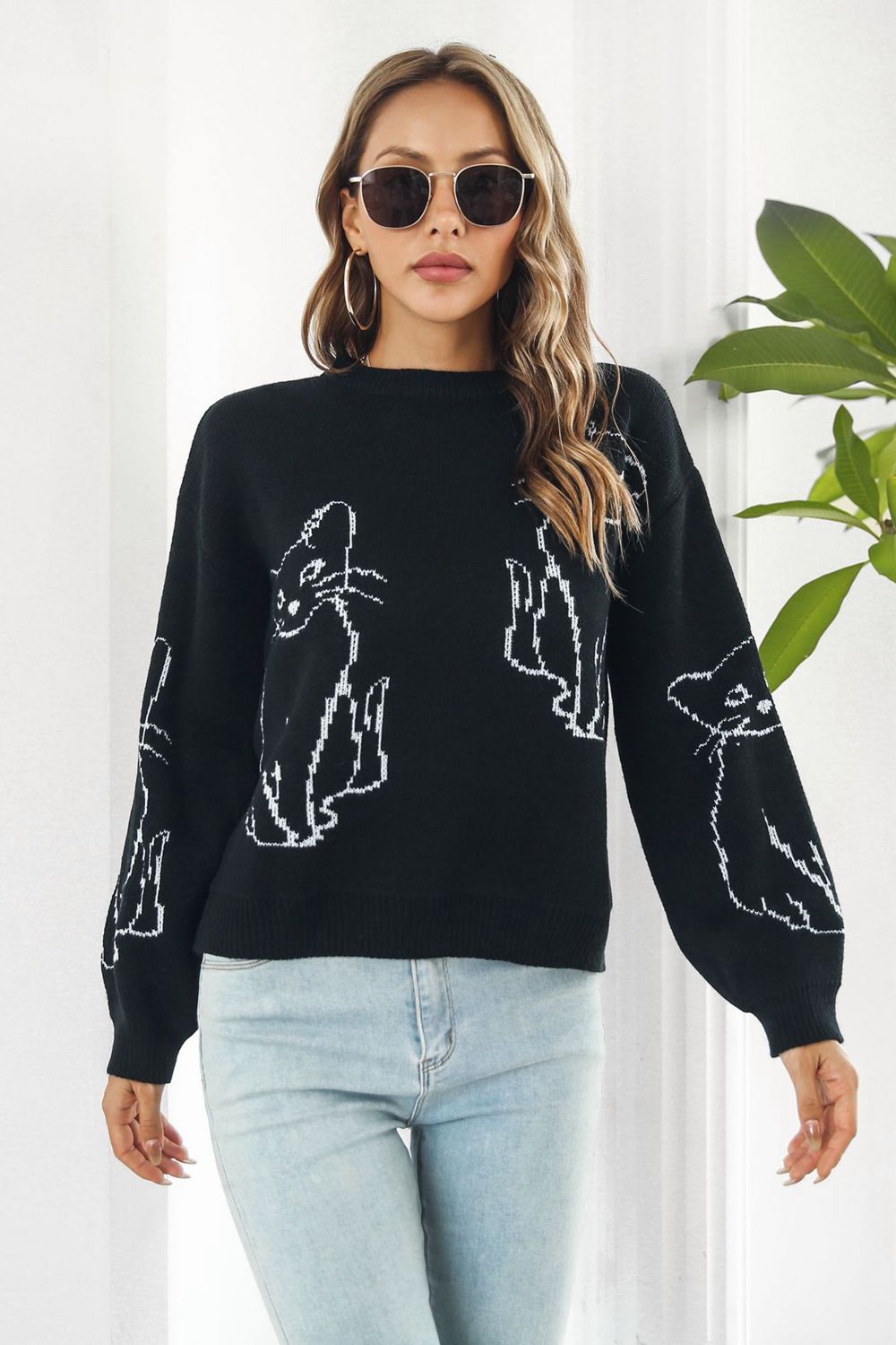 Cat Pattern Round Neck Long Sleeve Pullover Sweater  - Doll Fits