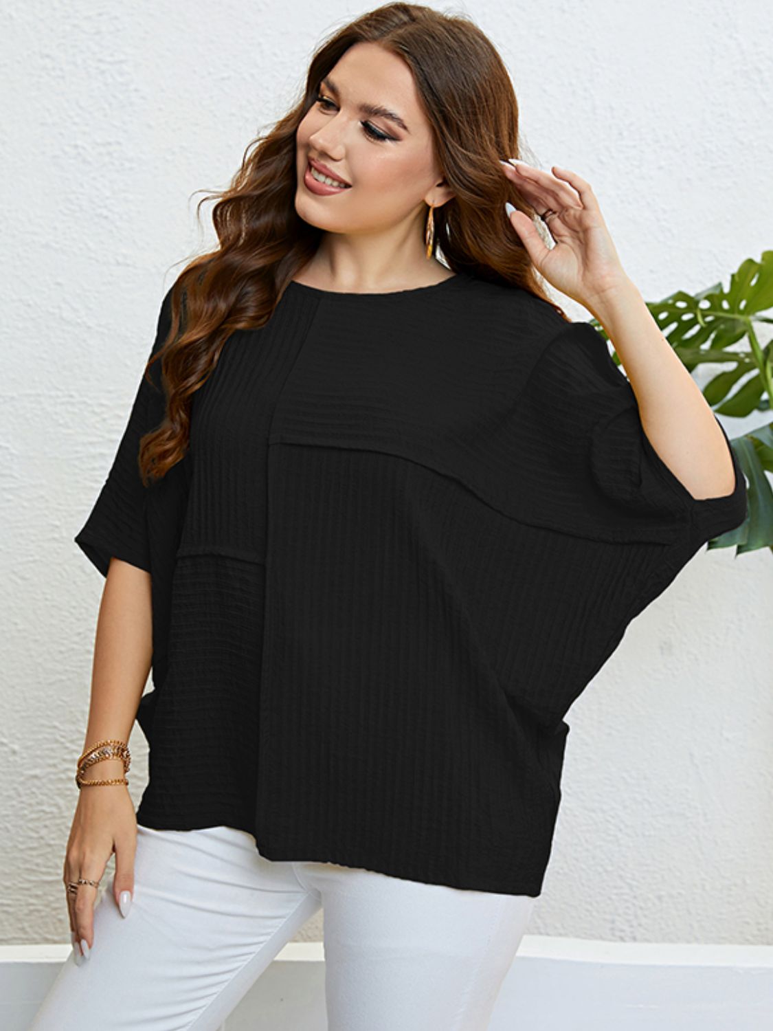 Plus Size Seam Detail Half Sleeve Top  Shirts & Tops- Doll Fits