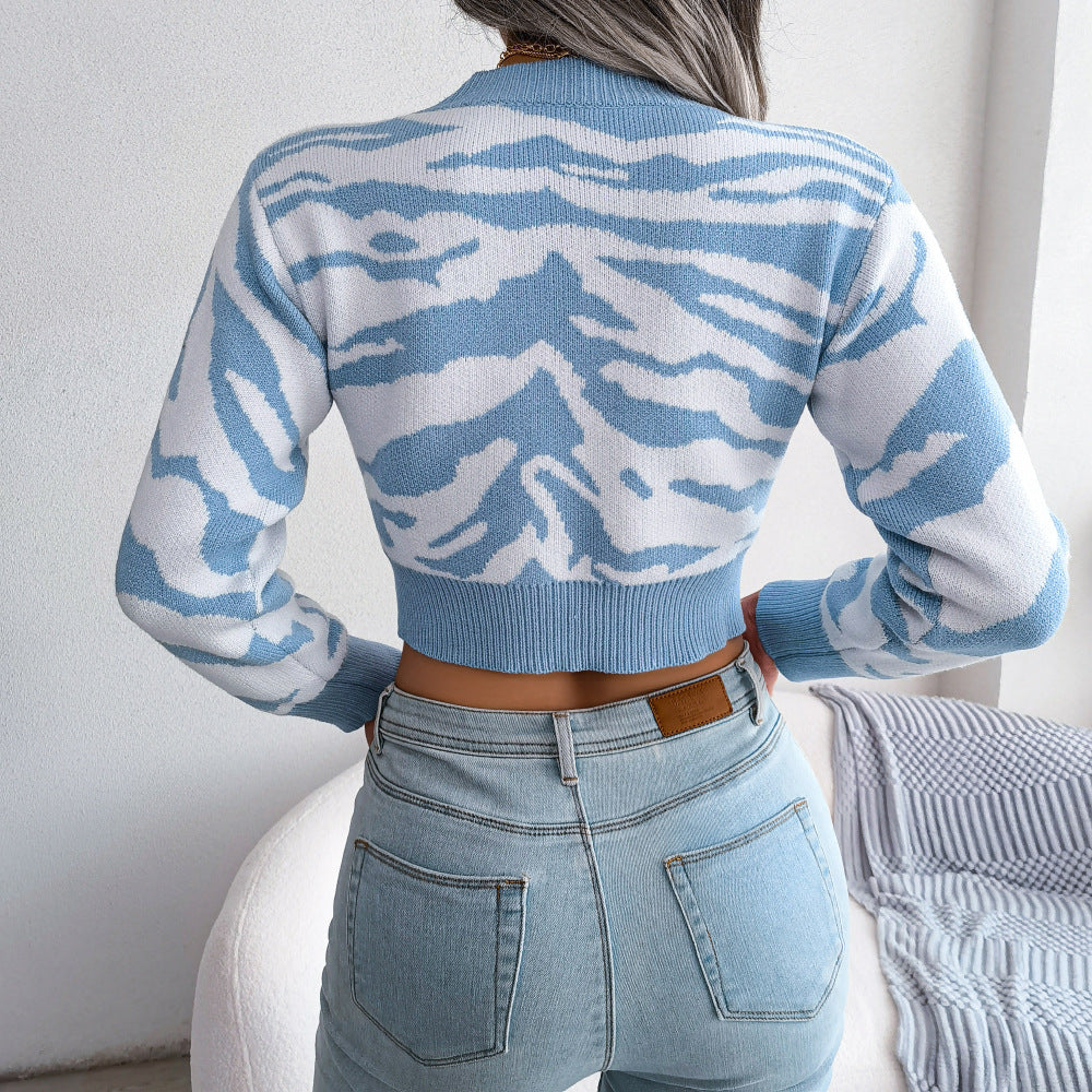 Tiger Print Mock Neck Cropped Sweater  Shirts & Tops- Doll Fits