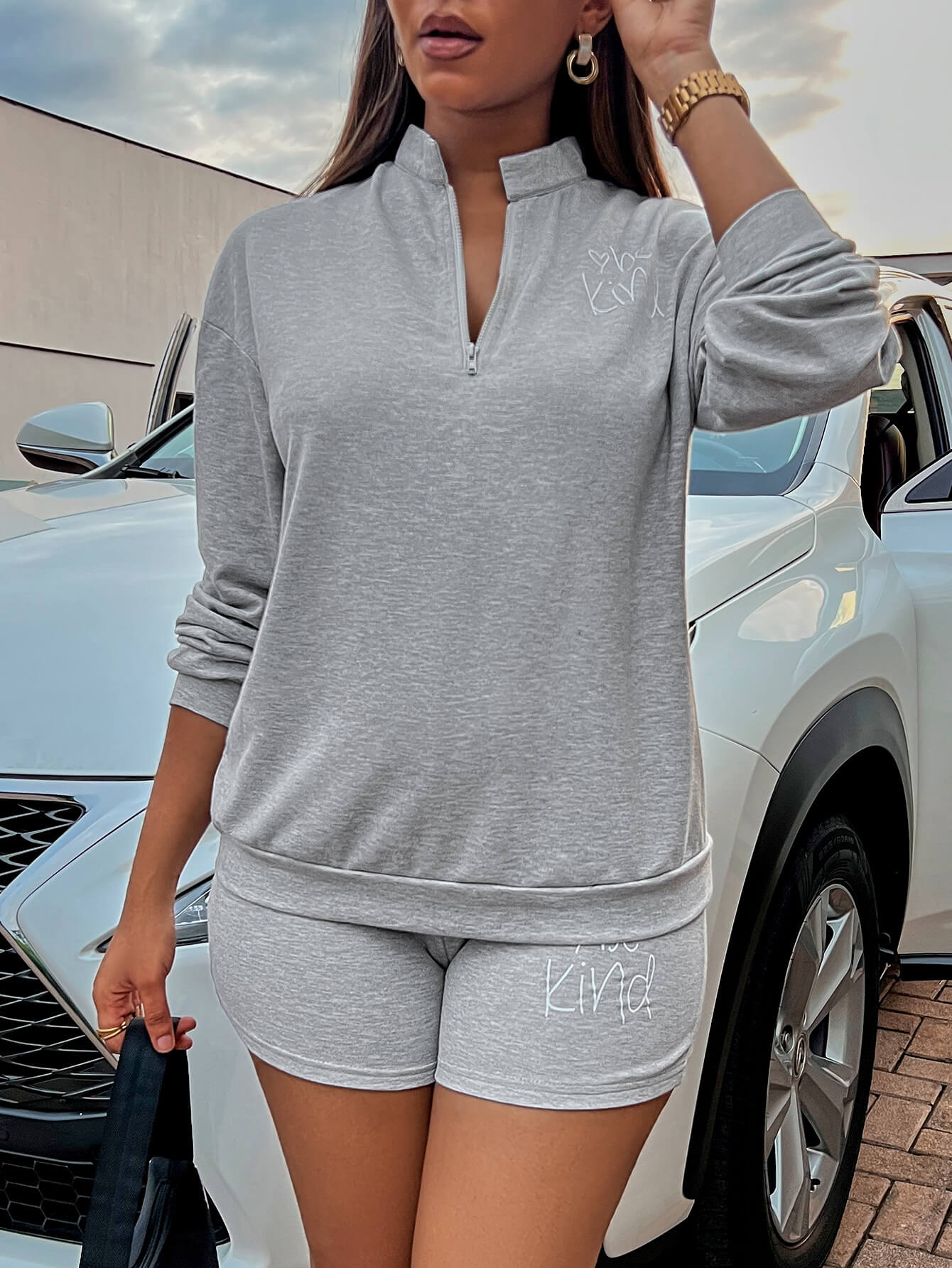 BE KIND Graphic Quarter-Zip Sweatshirt and Shorts Set  Outfit Sets- Doll Fits