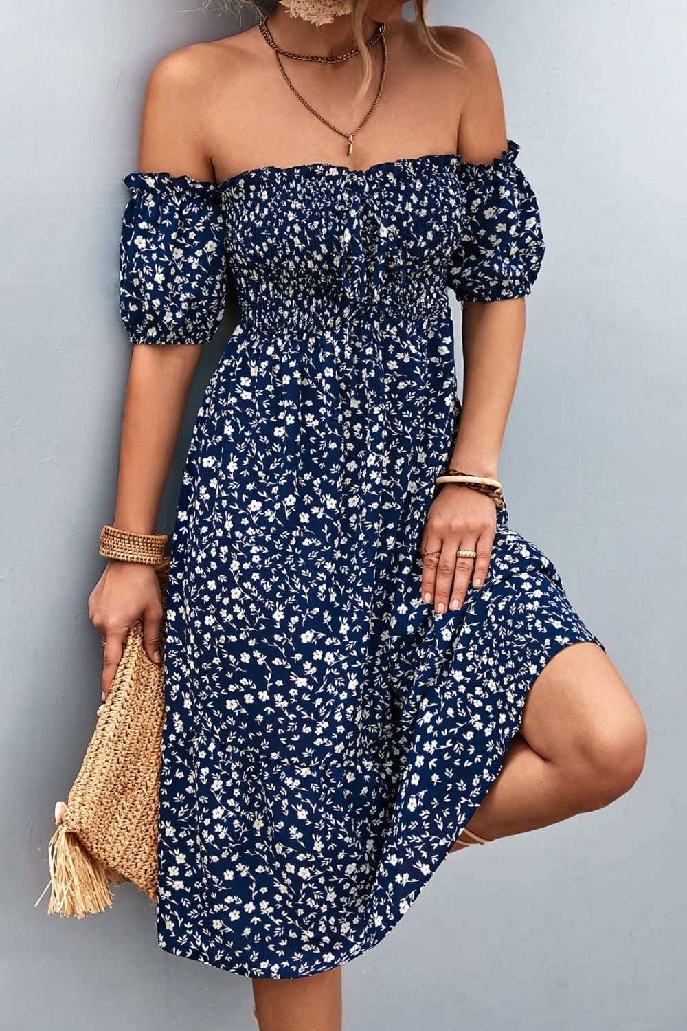 Ditsy Floral Smocked Frill Trim Off-Shoulder Dress  Dresses- Doll Fits