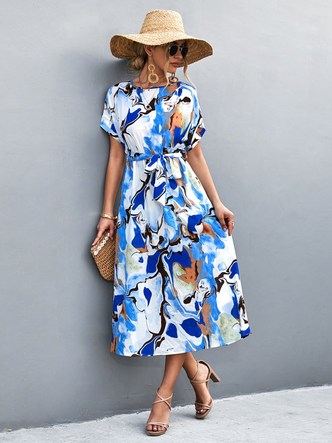 Round Neck Short Sleeve Tie Waist Midi Dress  Dresses- Doll Fits