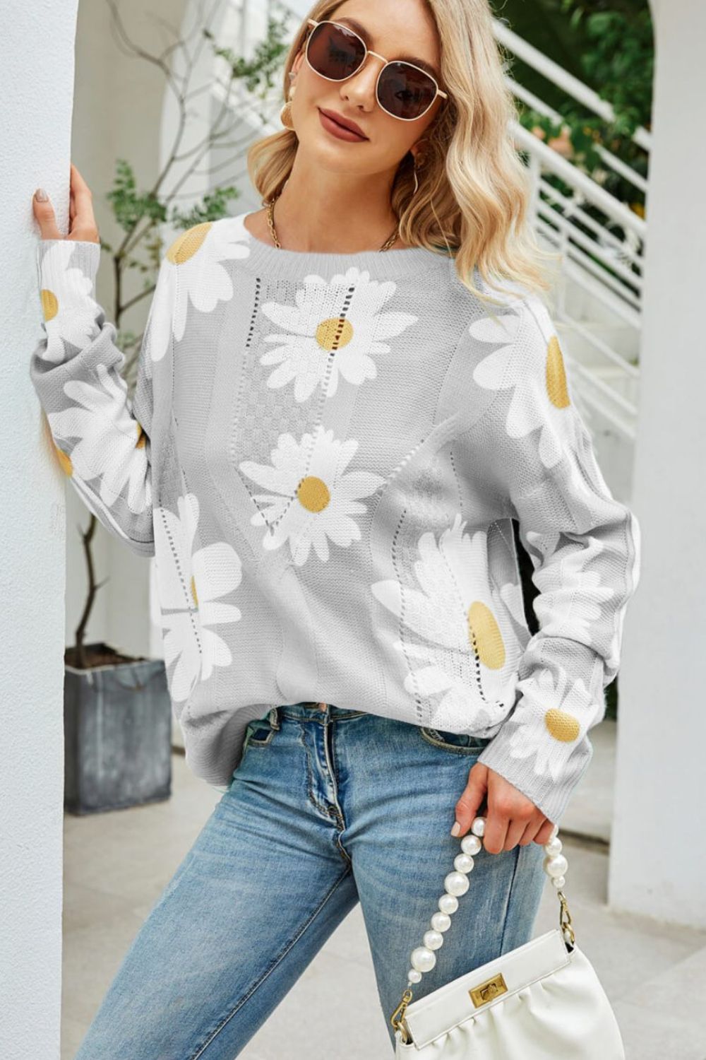 Daisy Print Openwork Round Neck Sweater  Shirts & Tops- Doll Fits