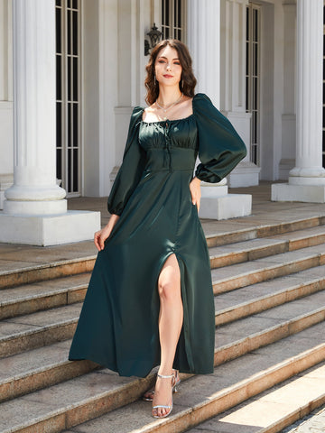 Square Neck Puff Sleeve High Slit Maxi Dress  Dresses- Doll Fits