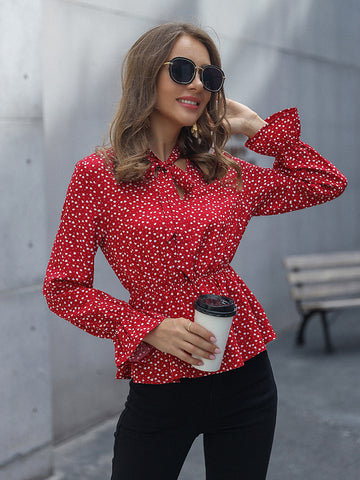 Printed Flounce Sleeve Peplum Blouse  - Doll Fits