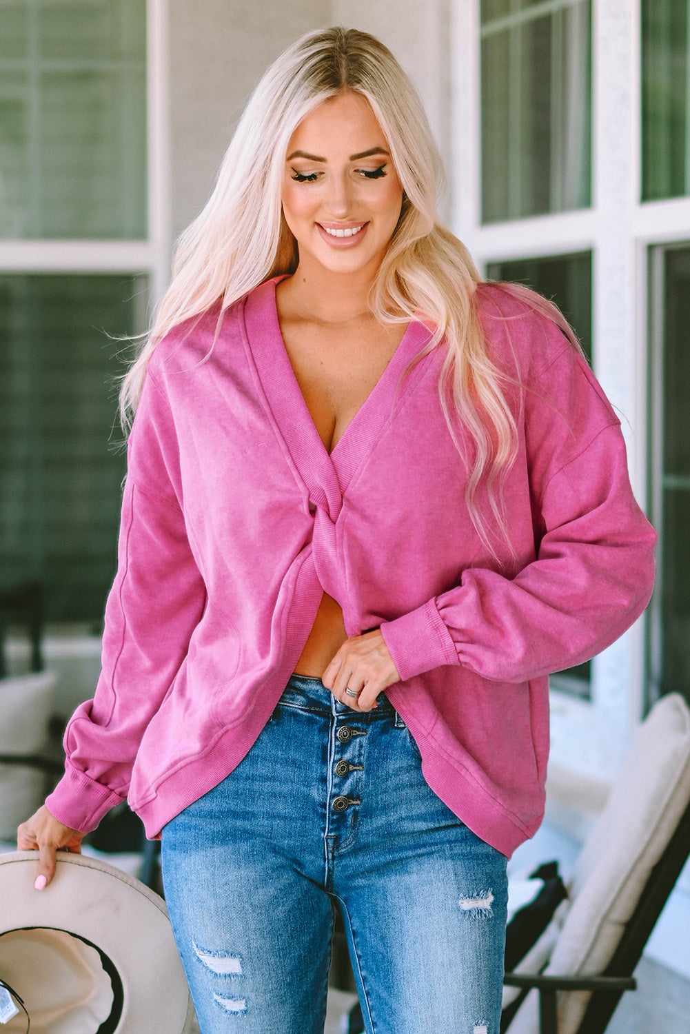 Twisted Plunge Neck Dropped Shoulder Sweatshirt  - Doll Fits