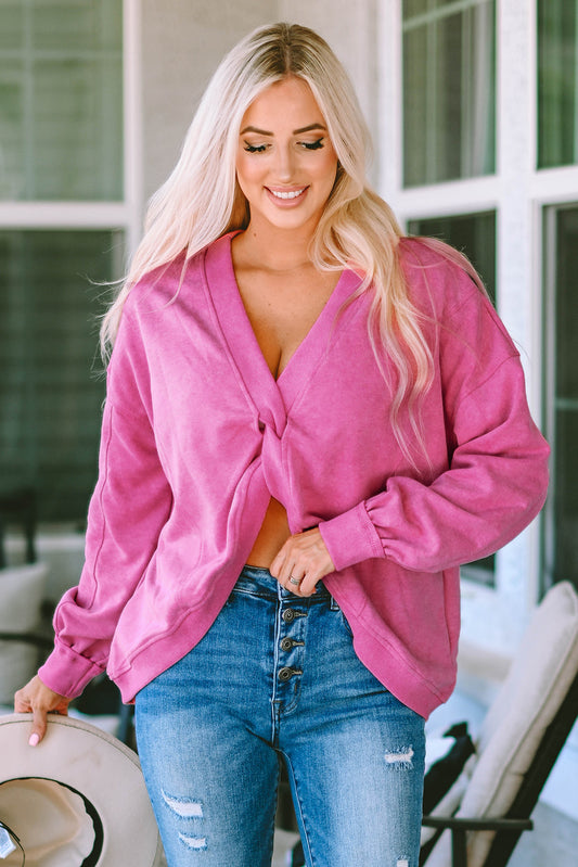 Twisted Plunge Neck Dropped Shoulder Sweatshirt  - Doll Fits