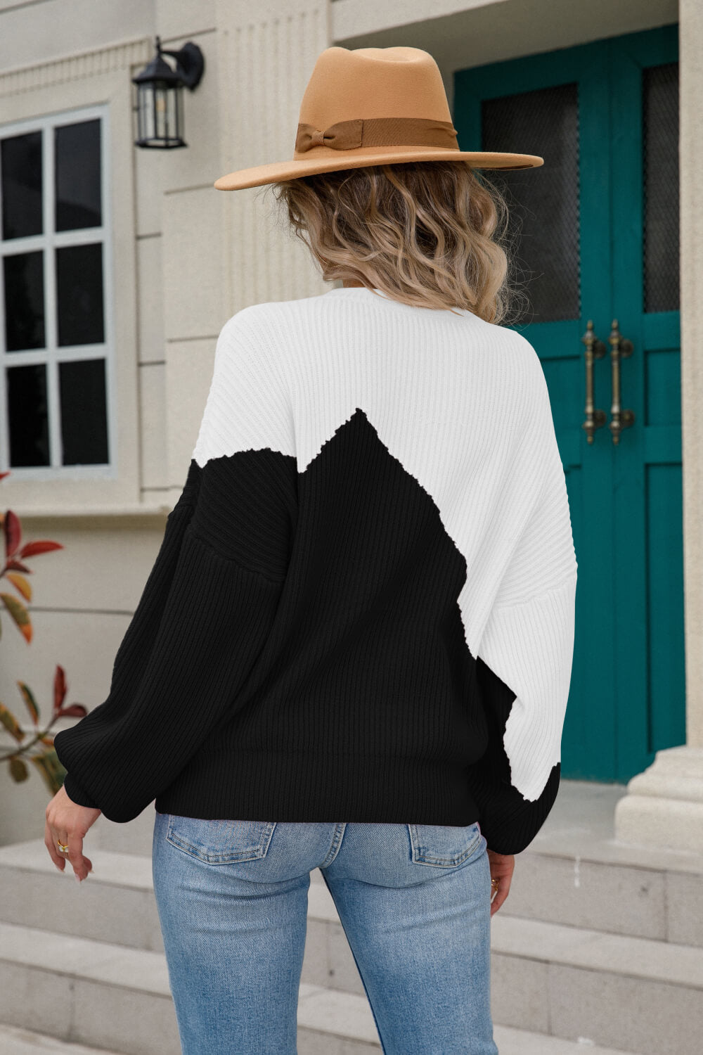 Two-Tone Round Neck Ribbed Sweater  Shirts & Tops- Doll Fits