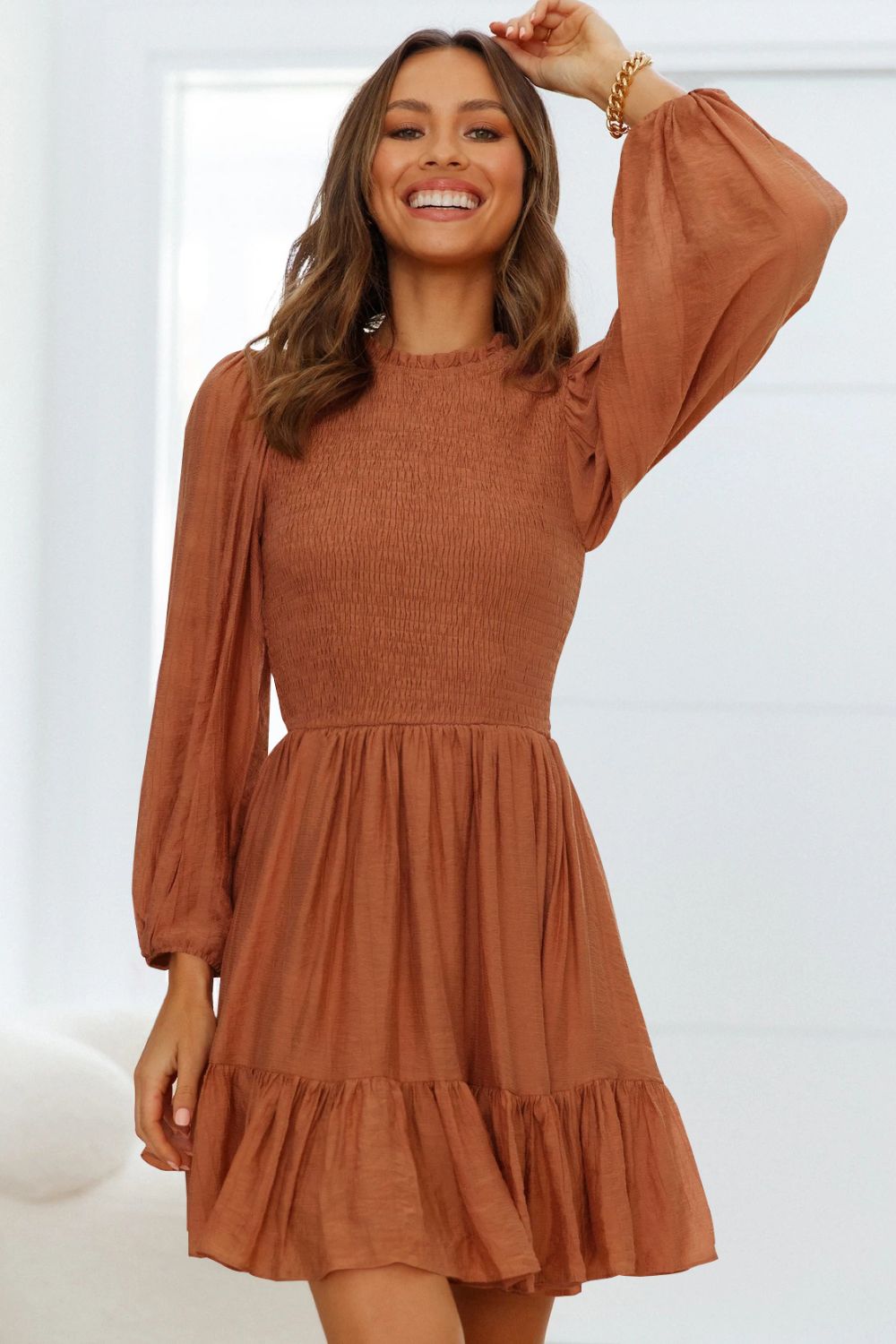 Smocked Balloon Sleeve Ruffle Hem Dress  Dresses- Doll Fits