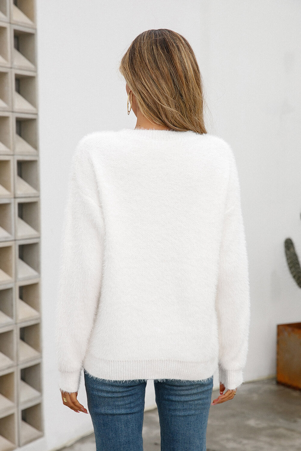 Dropped Shoulder Round Neck Fuzzy Sweater  Shirts & Tops- Doll Fits