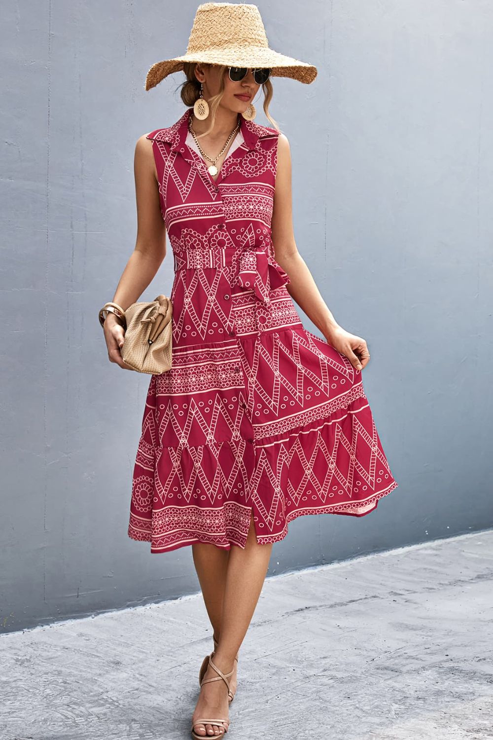 Printed Button Front Tie-Waist Sleeveless Collared Dress  Dresses- Doll Fits