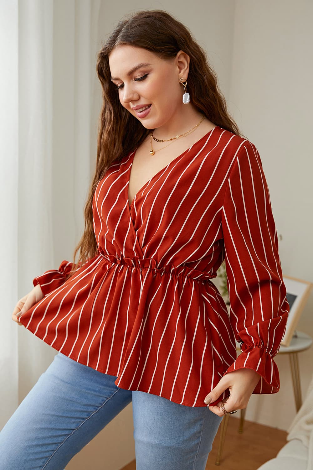 Melo Apparel Plus Size V-Neck Frill Trim Blouse  - Doll Fits
