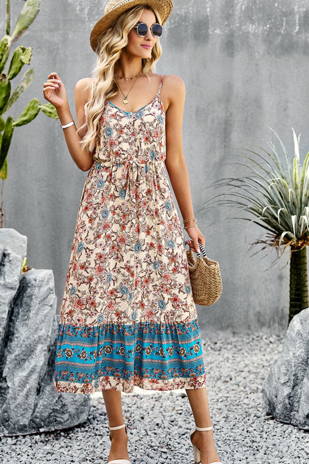 Bohemian Spaghetti Strap Drawstring Slit Dress  Dresses- Doll Fits