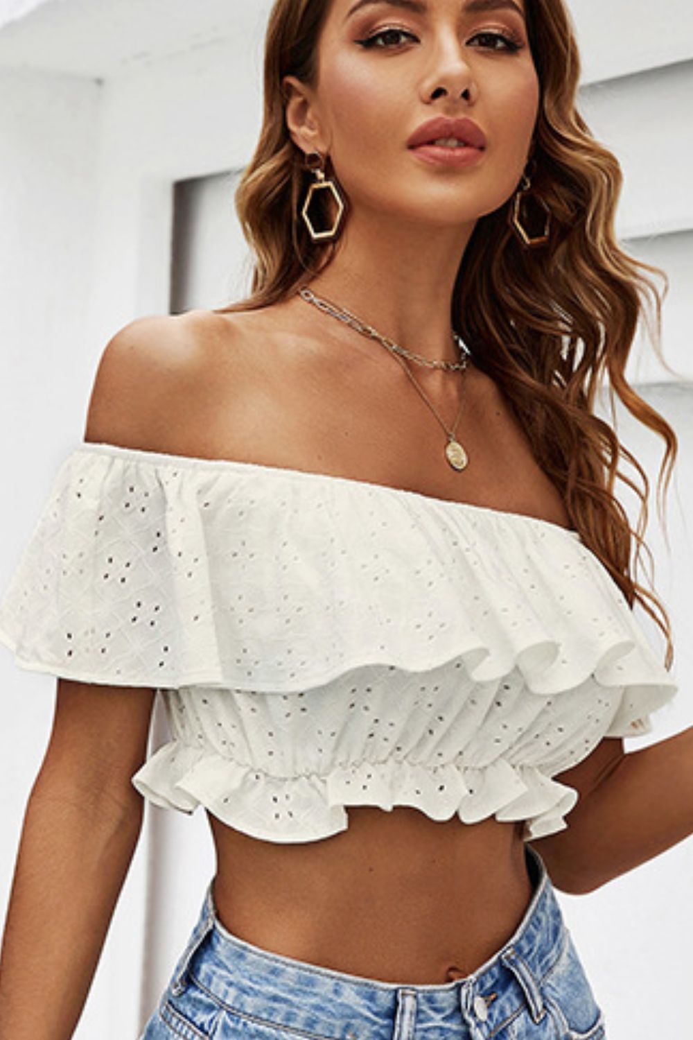 Eyelet Layered Off-Shoulder Cropped Blouse  Shirts & Tops- Doll Fits