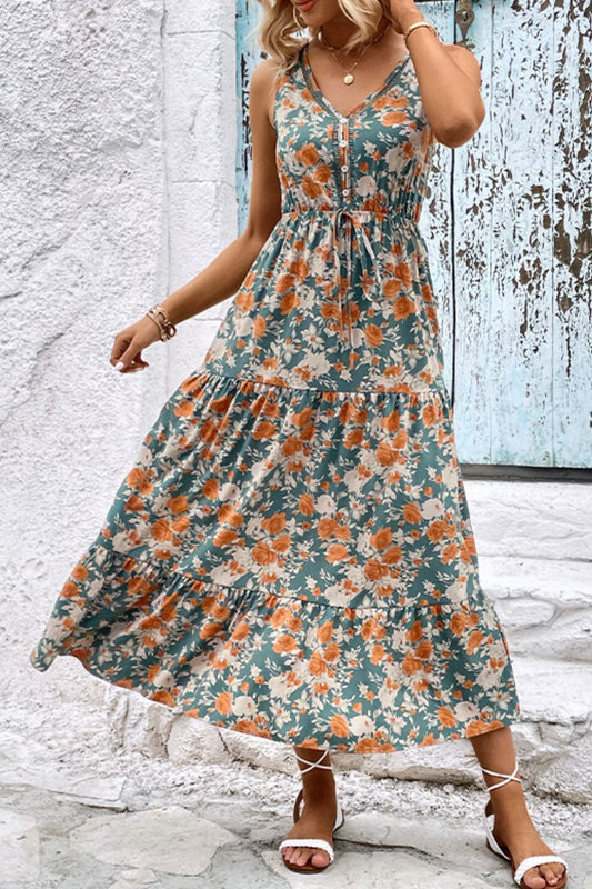 Floral V-Neck Tiered Sleeveless Dress  Dresses- Doll Fits