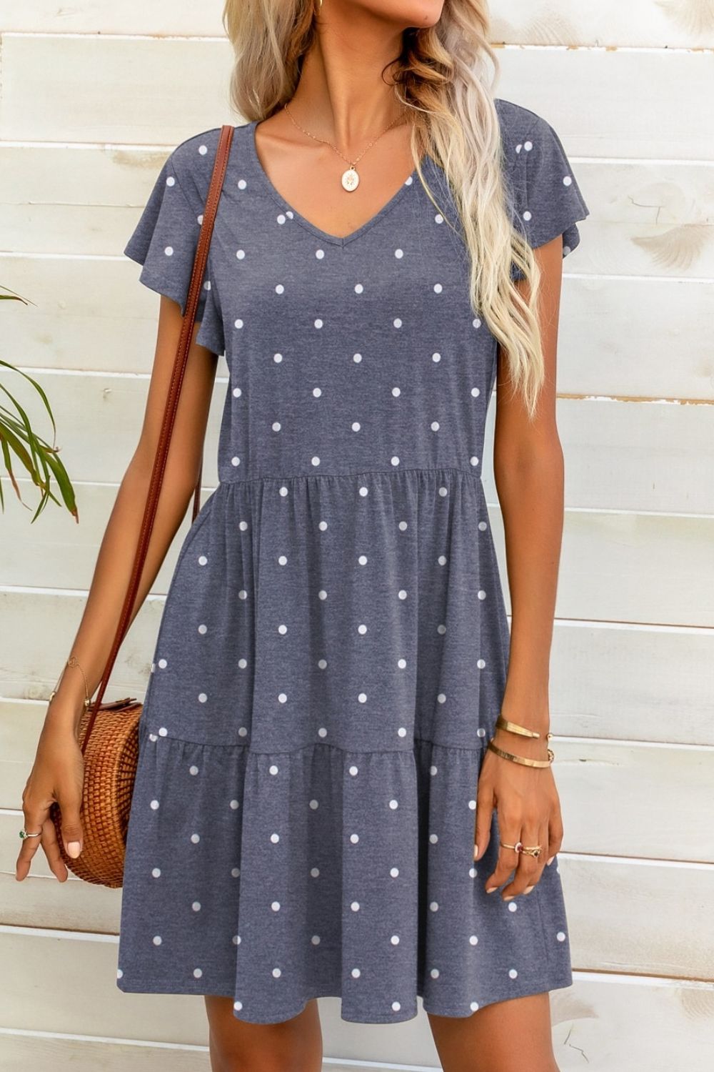 Polka Dot V-Neck Flutter Sleeve Mini Dress  Dresses- Doll Fits