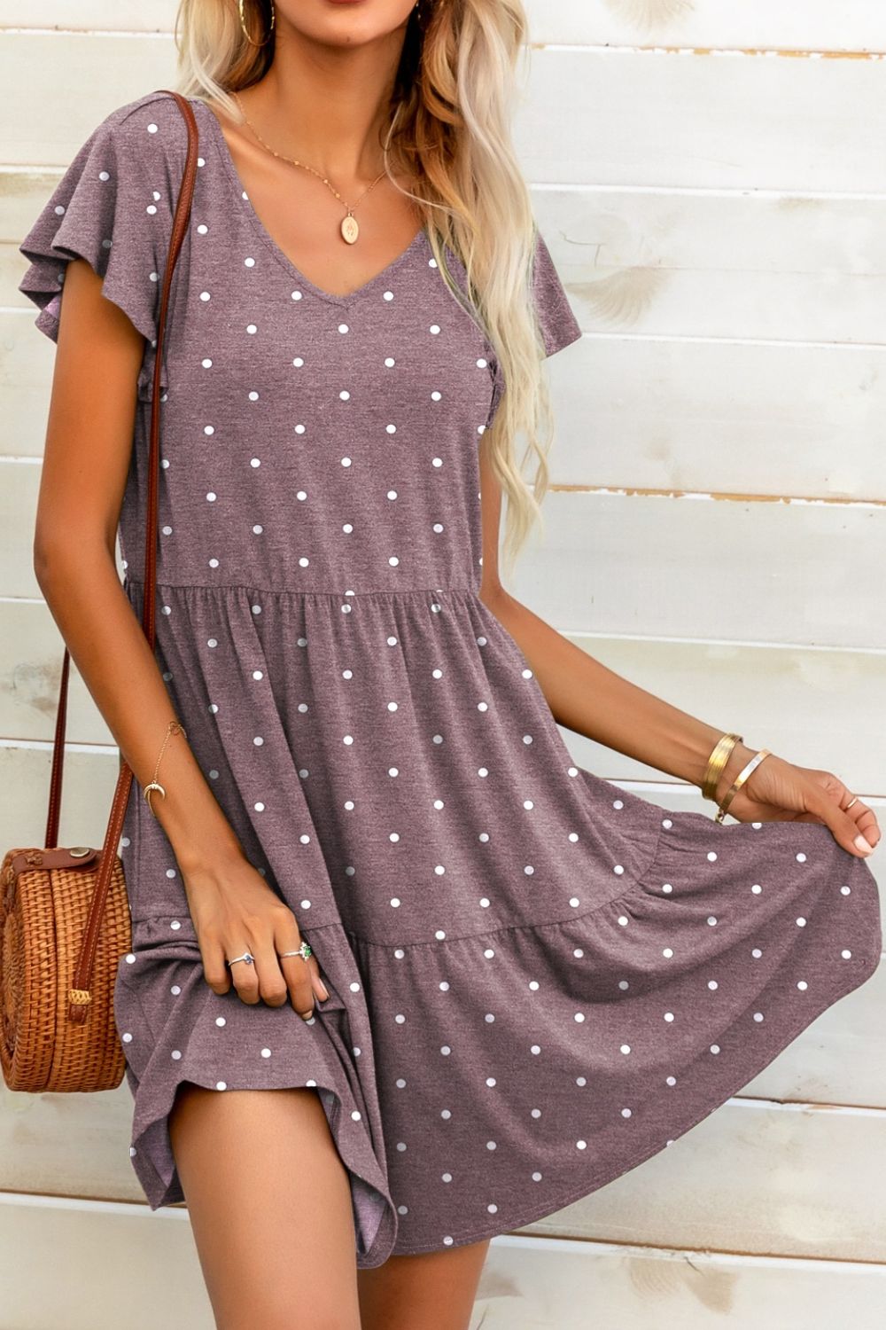 Polka Dot V-Neck Flutter Sleeve Mini Dress  Dresses- Doll Fits