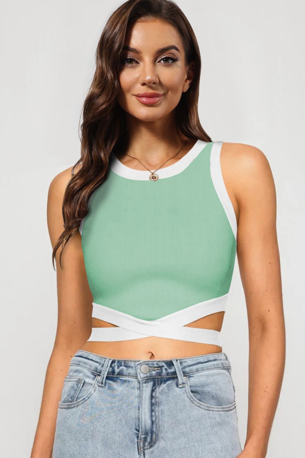 Contrast Tie Back Round Neck Tank  Shirts & Tops- Doll Fits