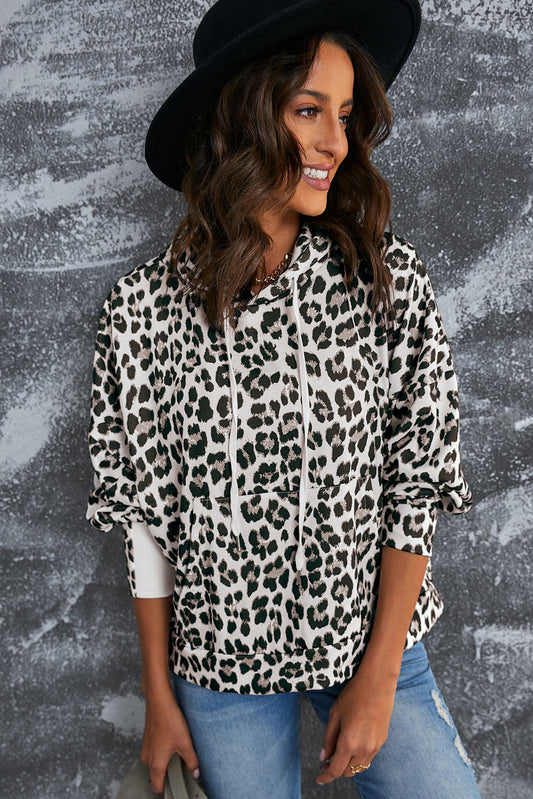 Leopard Print Drawstring Hoodie with Kangaroo Pocket  Shirts & Tops- Doll Fits