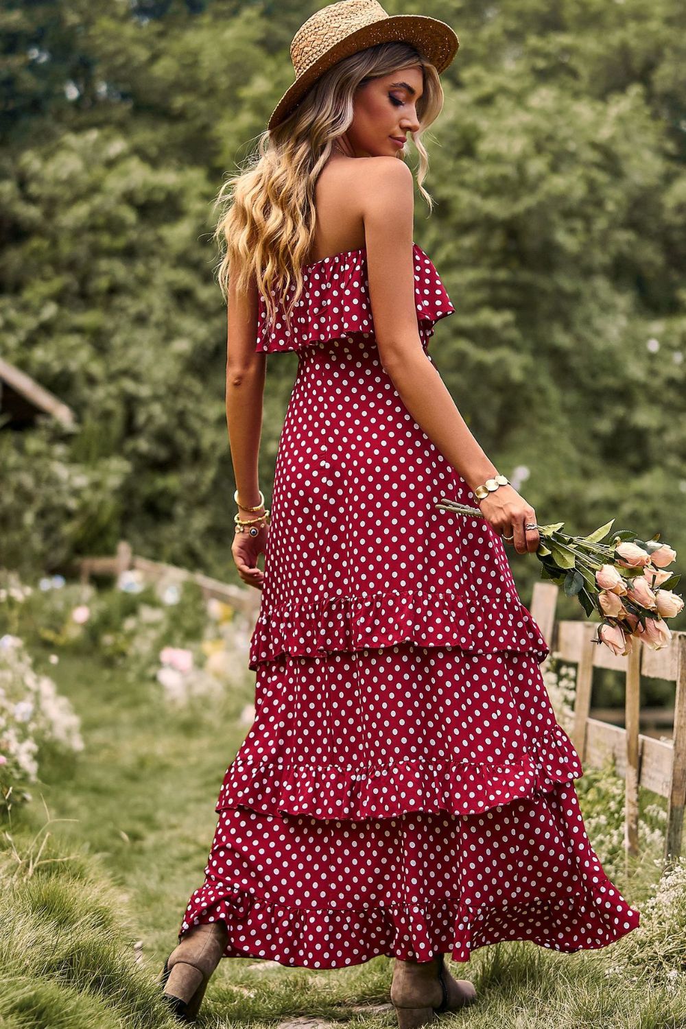 Polka Dot Strapless Slit Ruffled Maxi Dress  Dresses- Doll Fits