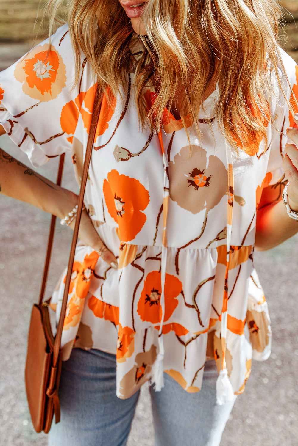 Printed Flounce Sleeve Tie-Neck Peplum Blouse  Shirts & Tops- Doll Fits