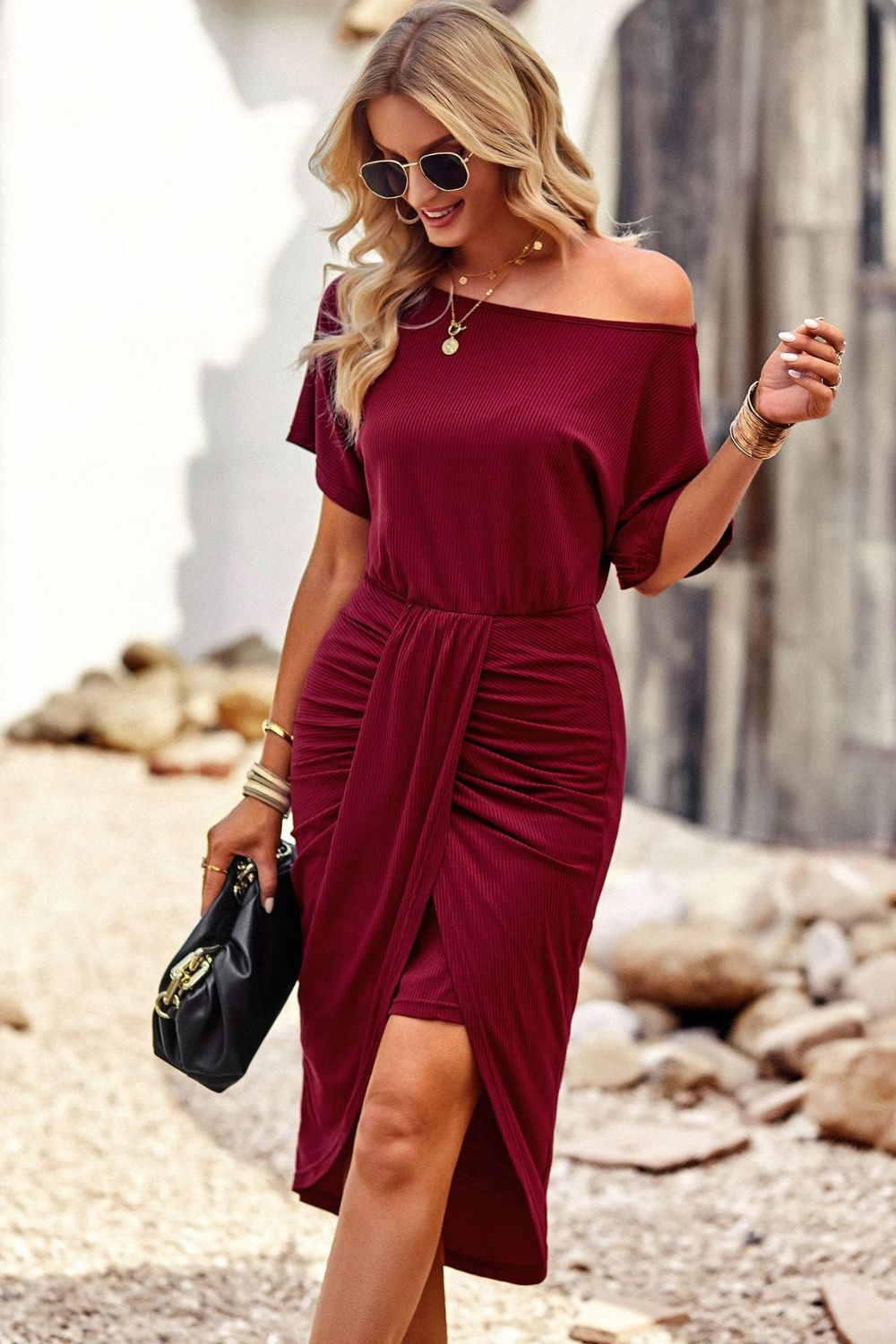 Ribbed Off-Shoulder Tulip Hem Dress  Dresses- Doll Fits