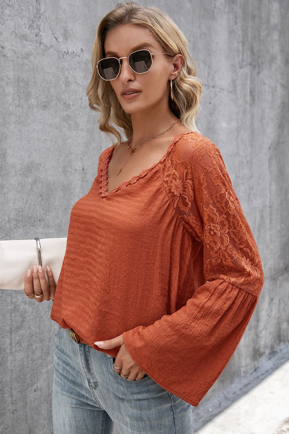 V-Neck Spliced Lace Flare Sleeve Top  Shirts & Tops- Doll Fits