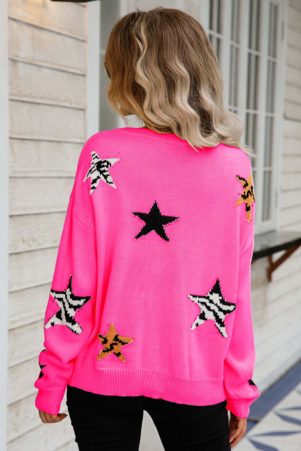 Star Pattern Round Neck Dropped Shoulder Sweater  Shirts & Tops- Doll Fits
