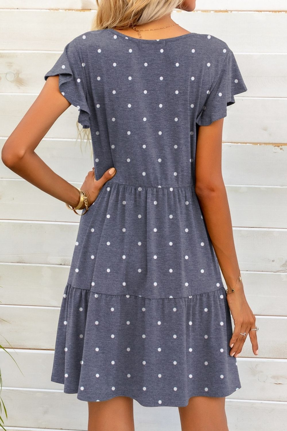Polka Dot V-Neck Flutter Sleeve Mini Dress  Dresses- Doll Fits