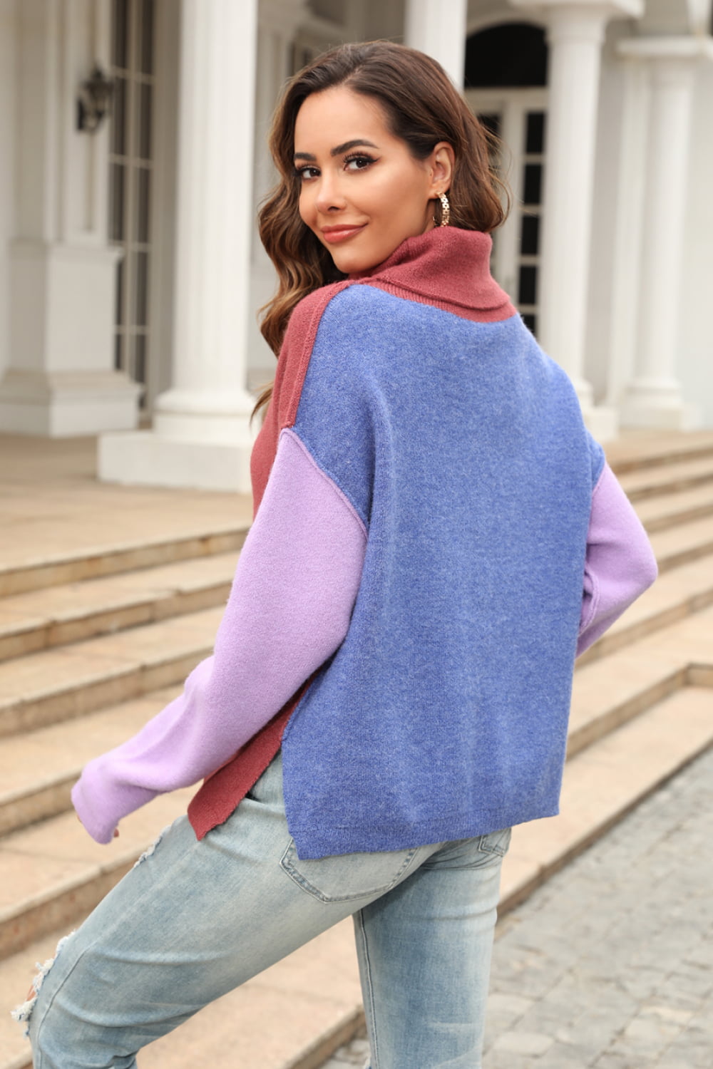 Double Take Color Block Turtleneck Slit Sweater  - Doll Fits