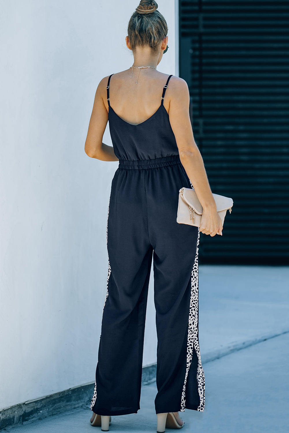 Leopard Contrast Spaghetti Strap Wide Leg Jumpsuit  Jumpsuits & Rompers- Doll Fits