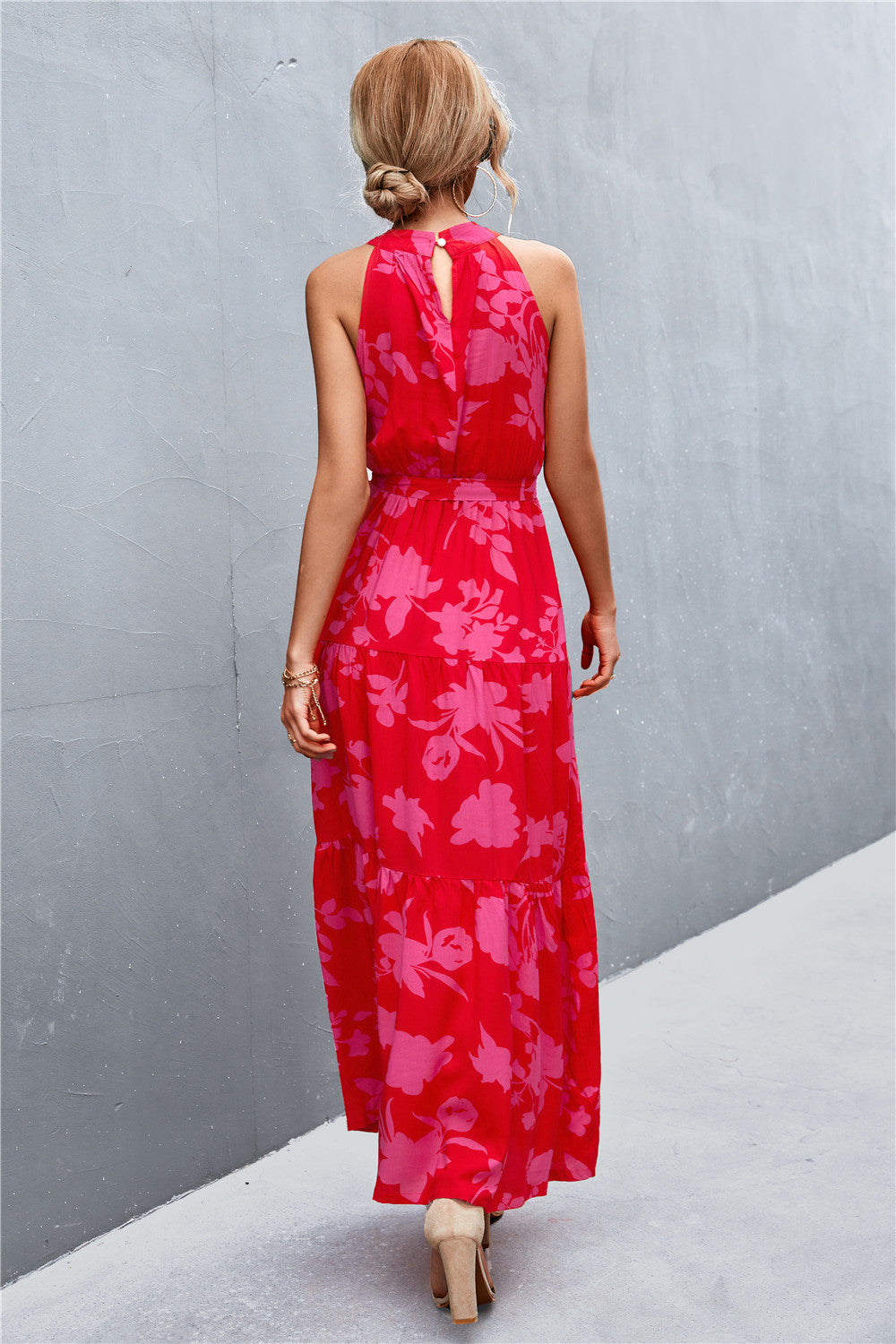 Printed Sleeveless Tie Waist Maxi Dress  Dresses- Doll Fits