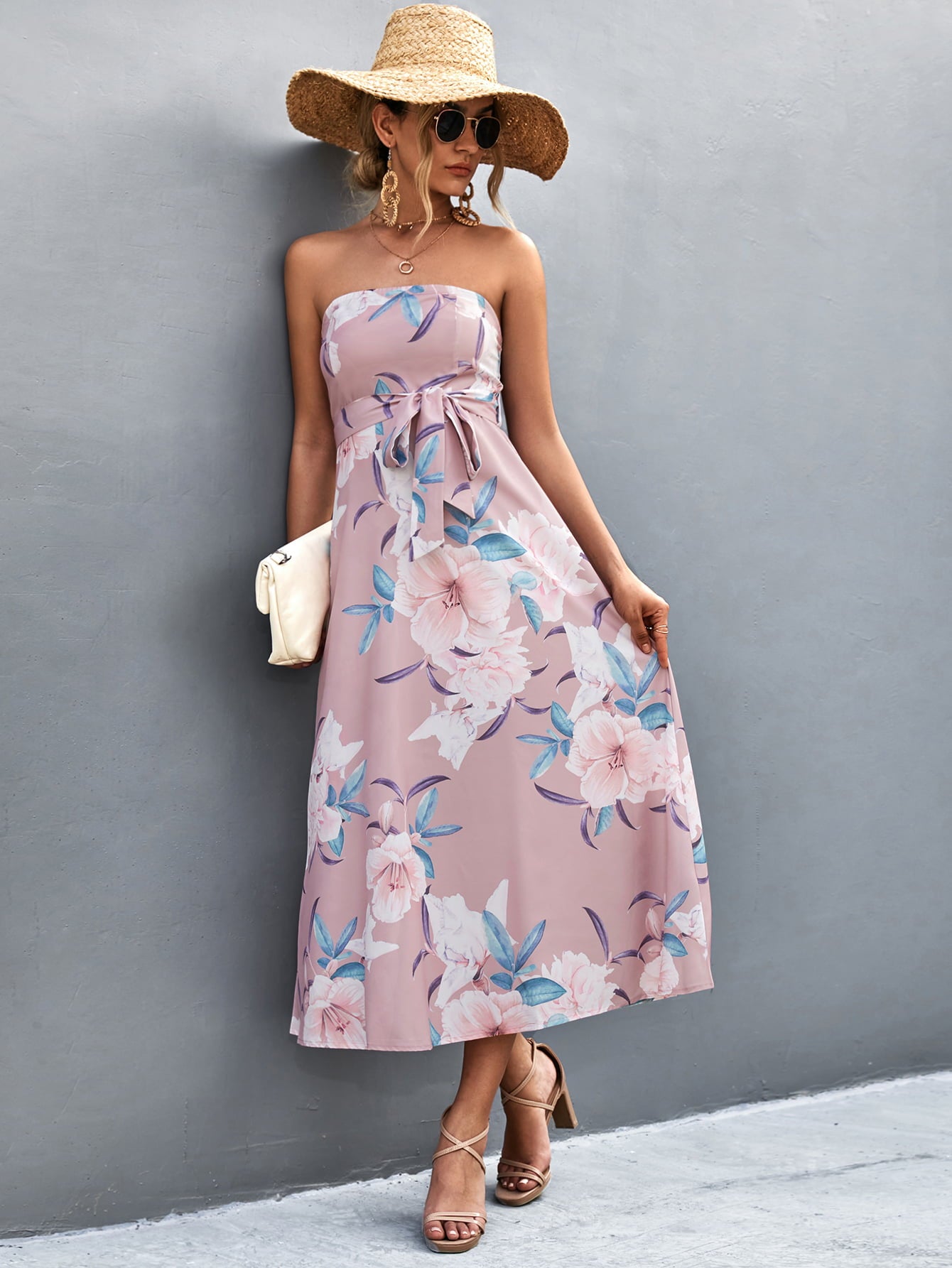 Floral Print Tie Waist Straight Neck Midi Dress  Dresses- Doll Fits