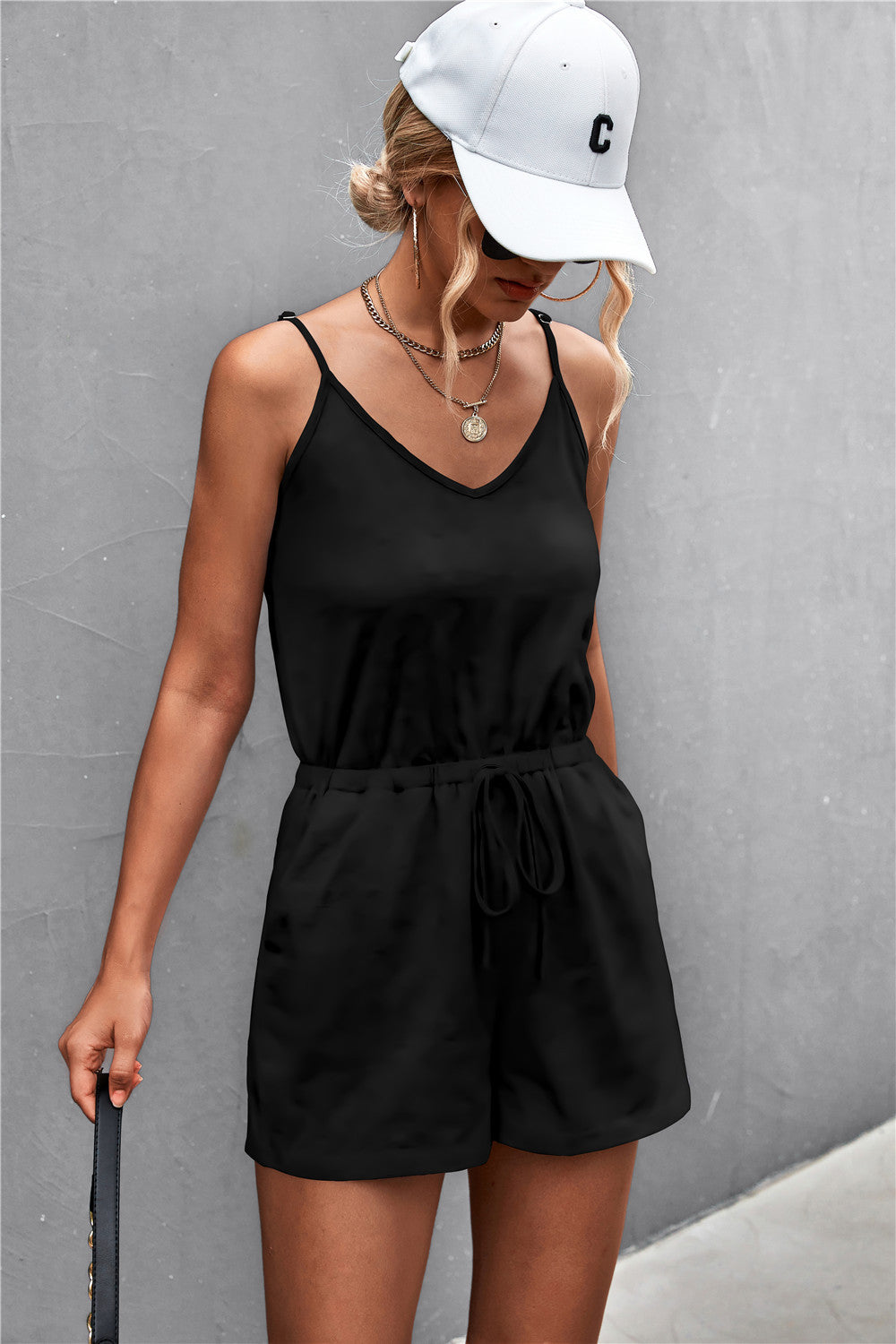 Spaghetti Strap V-Neck Pocket Romper  Jumpsuits & Rompers- Doll Fits