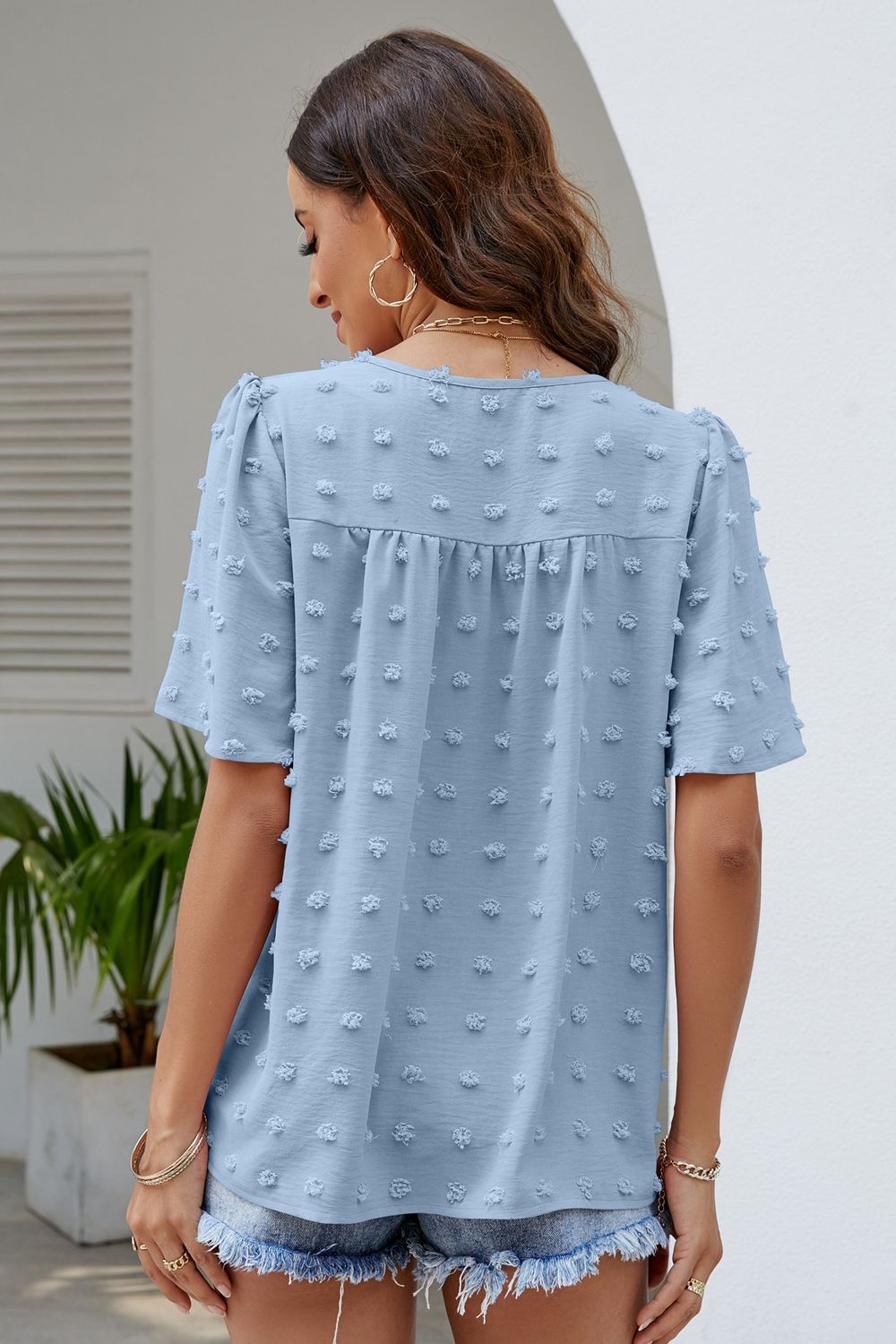 Swiss Dot Puff Sleeve Round Neck Blouse  Shirts & Tops- Doll Fits