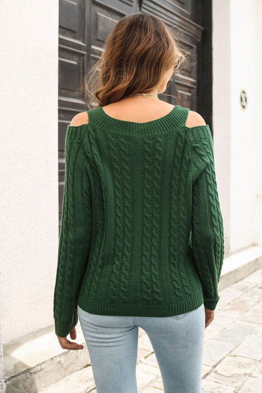 Cold Shoulder V-Neck Cable-Knit Pullover Sweater  Shirts & Tops- Doll Fits