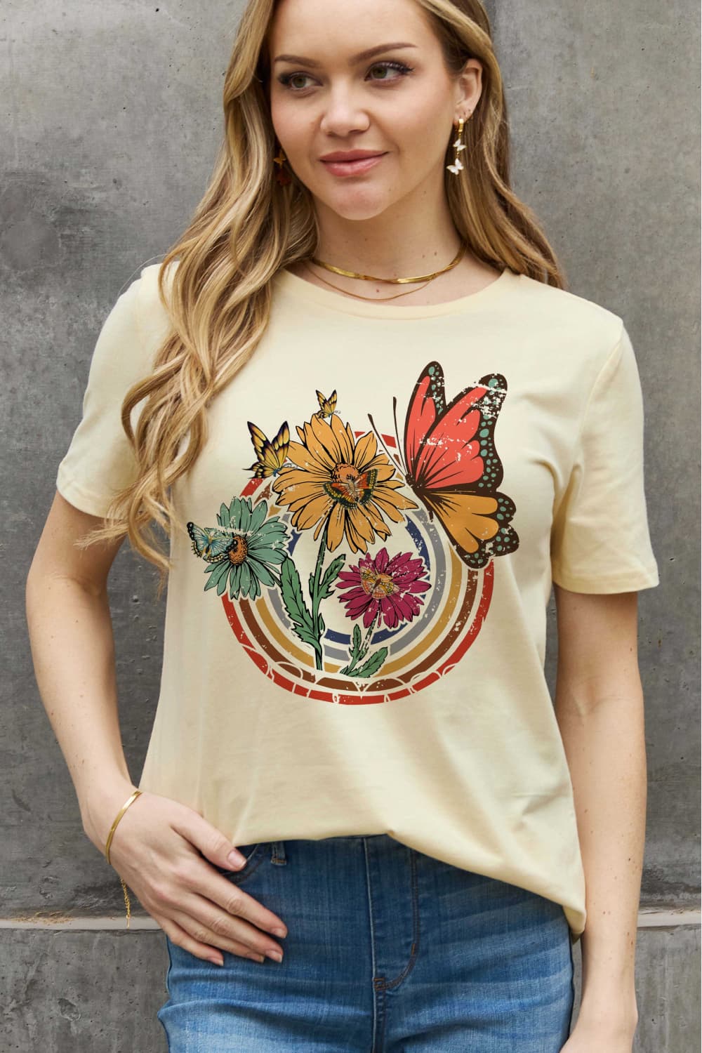 Simply Love Full Size Flower & Butterfly Graphic Cotton Tee  Shirts & Tops- Doll Fits